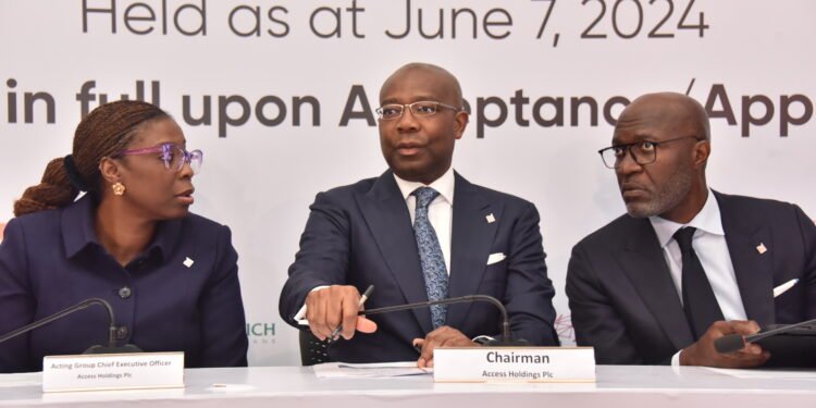 *L-R: Bolaji Agbede, Acting Group Managing Director, Access Holdings Plc; Aigboje Aig-Imoukhuede, Chairman, Access Holdings Plc, and Roosevelt Ogbonna, Managing Director/Chief Executive Officer, Access Bank Plc, at the Signing Ceremony for Access Holdings’ Rights Issue of 17,772,612,881 ordinary shares of N0.50 each at N19.75 per share, held at Access Tower in Victoria Island, Lagos.