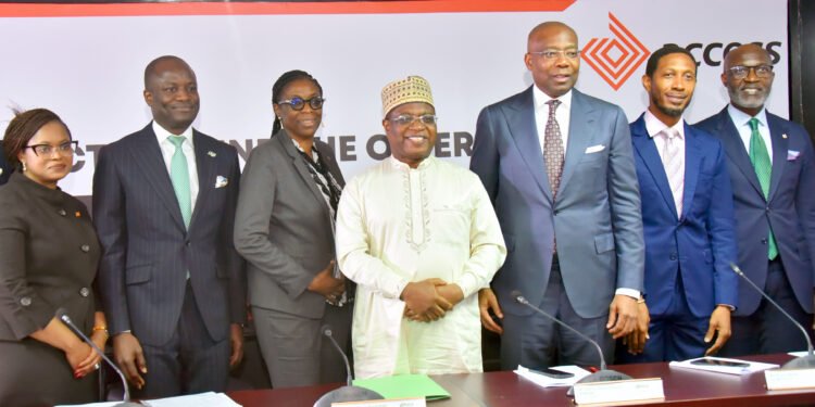 L-R: Morounke Olufemi, Group Chief Financial Officer, Access Holdings Plc; Temi Popoola, Group CEO, Nigerian Exchange Group (NGX Group); Bolaji Agbede, Acting Group Managing Director /Chief Executive Officer, Access Holdings Plc; Umaru Kwairanga, Group Chairman, NGX Group; Aigboje Aig-Imoukhuede, Chairman, Access Holdings Plc; Ahonsi Unuigbe, Chairman, Nigerian Exchange Limited; and Roosevelt Ogbonna, Group Managing Director/CEO, Access Bank Plc, during the Facts Behind the Rights Issue Presentation by Access Holdings Plc, at the NGX in Lagos, yesterday.