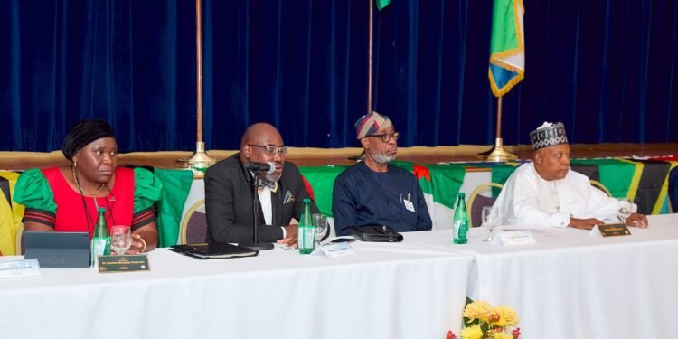 *R-L: Vice President, Federal Republic of Nigeria,  Sen Kashim Shettima, Chairman of the Africa Minerals Strategy Group, (AMSG) Nigeria's Solid Minerals Development Minister Dr.Oladele Alake, Secretary General of the AMSG, Mr.Moses Engadu and Minister of Minerals Development of Malawi, Hon. Monica Chang'anamuno at the High Impact Event of AMSG in New York, United States on Wednesday