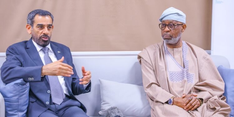 *Minister of Solid Minerals Development, Dr. Dele Alake (r) and the United Arab Emirates (UAE) Ambassador to Nigeria, Salem Shaeed Al-Shamsi during a courtesy visit at the Ministry of Solid Minerals Development office in Abuja, on Oct. 29, 2024