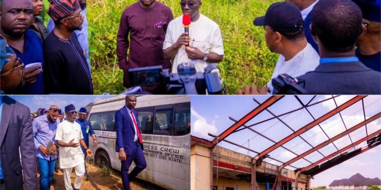 Governor Monday Okpebholo (holding the microphone) speaking at the premises of Edo Line mass transit company, Benin City... Dec 4, 2024