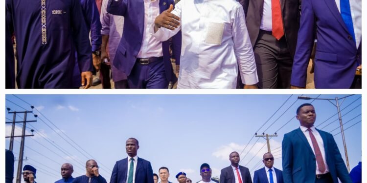**Governor Monday Okpebholo (in all white) flanked by officials of his administration inspecting a road project in Benin City.