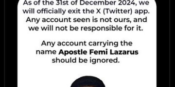 Apostle Femi Lazarus Announces Exit From X Platform