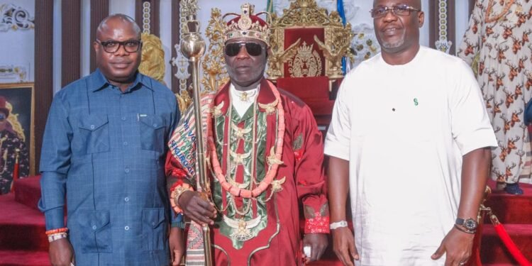 The Administrator of the Presidential Amnesty Programme, Dr Dennis Otuaro (left); the Amanyanabo of Okochiri Kingdom and Sekuro of the Niger Delta, HRM King Ateke Michael Tom (middle); Technical Assistant to the PAP Administrator, Engr. Edgar Biu (right), during the monarch's birthday celebration at his palace in Okochiri, Okrika LGA, Rivers State, on Monday June 2, 2025