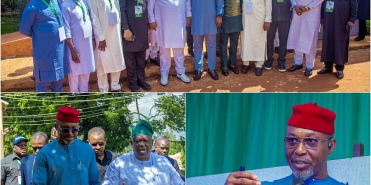 Plateau Governor, Caleb Muftwang 5th left, Osita Chidoka (6th right) and others during the meeting