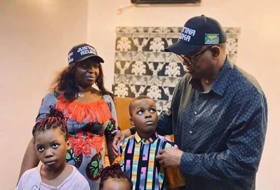 *Mr Peter Obi pose with ADC’s Onitsha South candidate and widow of the slain LP lawmaker, Justice Azuka with her kids