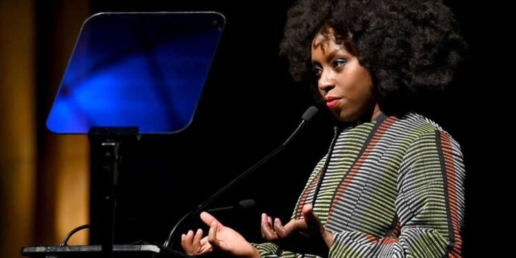 NEW YORK, NEW YORK - NOVEMBER 19: Chimamanda Ngozi Adichie speaks on stage during the annual Make Equality Reality Gala hosted by Equality Now on November 19, 2019 in New York City. (Photo by Bryan Bedder/Getty Images for Equality Now)