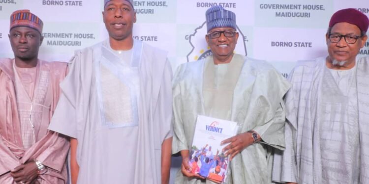 New Pro Chancellor Dr Indimi in glasses with Zulum after the inauguration