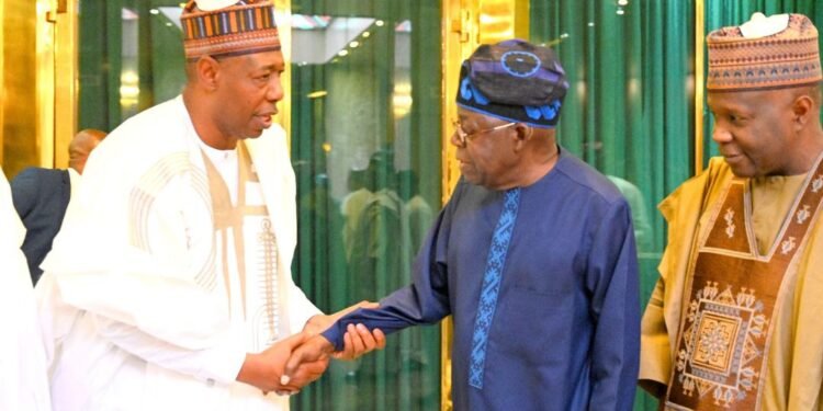 President Bola Tinubu (m) and Gov Babagana Umara Zulum (l)