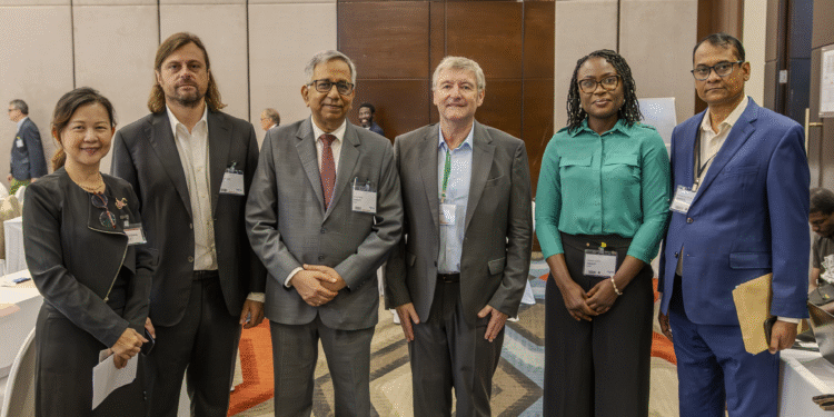 DANGOTE -6[1] - L-R: Regional Conference Director, Centre for Management Technology / Event Organiser, Rebecca Cheng; CEO, West Africa Cluster, LafargeHolcim Maroc Afrique/Event Moderator, Phillippe Richart; Group Managing Director, Dangote Cement Plc, Arvind Pathak; Managing Director, CBI Ghana Ltd, Frédéric Albrecht; Deputy Head of Sustainability, Dangote Cement Plc, Oyekemi Oyelola, and Country Manager, Dangote Cement, Ghana, Kothandam Elango, during the 14th Africa CemenTrade Summit at Mövenpick Ambassador Hotel, Accra, Ghana