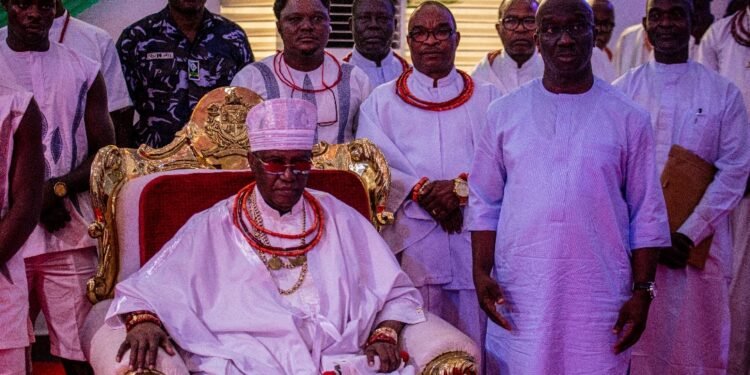 *Oba of Benin, Ewuare II (seated), surrounded by Gov Monday Okpebholo (right) and other government officials, on Friday, at the Edo Government House, in Benin City