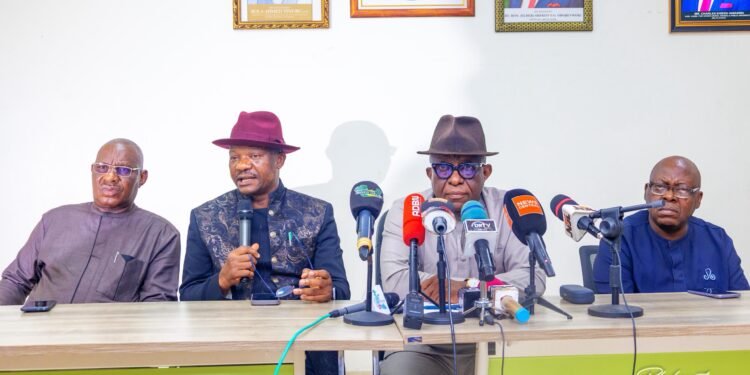 Commissioner for Works Works, Rural Roads and Public Information, Mr Charles Aniagwu (2ndright ) and his Economic Planning counterpart,  Mr Sunny Ekedayan ( 2ndright ) while briefing journalists in Asaba on Wednesday.  With them are Executive  Assistant to the Governor , Public Enlightenment on Projects and Policies,  Mr Olisa Ifeajika ( left) and the  Executive Assistant to the Governor on  New Media, Mr. Felix Ofou( right)