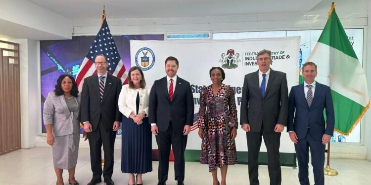 (L-R) U.S. Department of Commerce Deputy Assistant Secretary for the U.S. Commercial Service (Global Markets) BHafemeisternney; Minister of Industry, Trade, and Investment Dr. Jumoke Oduwole; Permanent Secretary Ambassador Federal Ministry of Industry, Trade & Investment (FMITI) Nura Rimi; and U.S. Department of Agriculture Acting Associate Administrator for Foreign Agricultural Service Jason Hafemeister