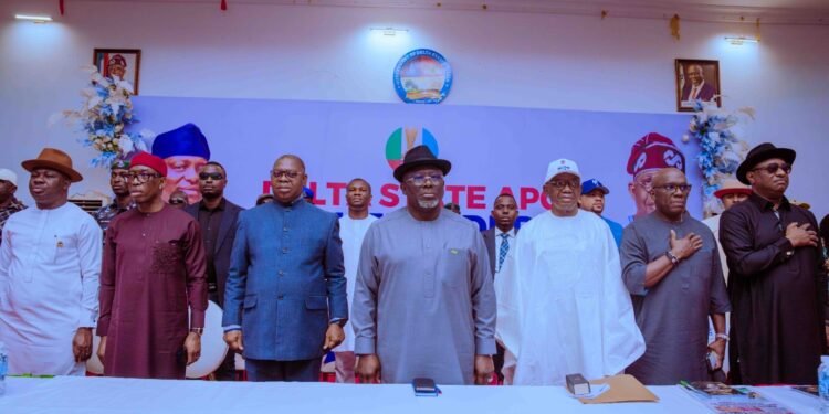 *L-R: Speaker of the Delta State House of Assembly, Rt. Hon. Emomotimi Guwor, immediate past Governor of Delta State, Senator Ifeanyi Okowa, Deputy Governor, Sir Monday Onyeme, Governor Sheriff Oborevwori, APC State Chairman,  Elder Omeni Sobotie, National Publicity Secretary, Dr. Felix Morka and Minister of Aviation and Aerospace Development, Chief Festus Keyamo, SAN, during Delta State All Progressive Stakeholders Meeting, held in Asaba on Friday. PIX: BRIPIN ENARUSAI
