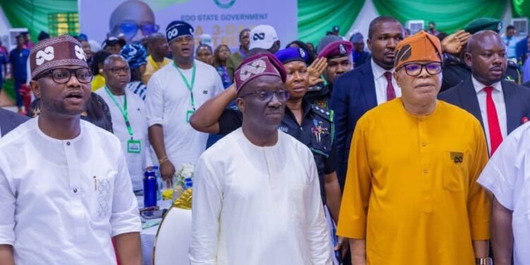 "Gov Monday Okpebholo (m), DEP Gov Denis Idahosa (l) and APC ESO State Chairman, Chief Jarret Tenebe (r)