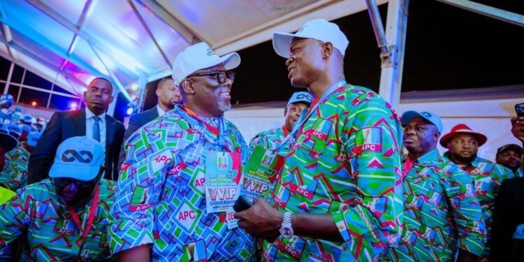 Delta State Governor, Rt. Hon. Sheriff Oborevwori (left), discussing with his Ebonyi State counterpart, Rt. Hon. Francis Nwifuru, during the National convention of the APC at the Eagle's Square, Abuja on Friday. PHOTO: BRIPIN ENARUSAI