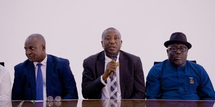 *Commissioner for Higher Education, Delta State,  Prof. Nyerhovwo Tonukari (middle), flanked by the Attorney General and Commissioner for Justice, Mr. Ekemejero Ohwovoriole, SAN (left), and the the Commissioner for Housing, Hon. Godknows Angele (right), during a post Executive Council  (EXCO) press briefing in Government House, Asaba on Friday.   PHOTO: BRIPIN ENARUSAI