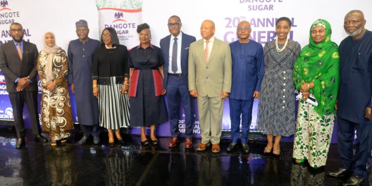 L-R: Executive Director, Backward Integration Projects Operations, Dangote Sugar Refinery Plc, Mulhim Eltayeb; Executive Director Operations, Dangote Sugar Refinery Plc, Mariya Aliko Dangote; Non-Executive Director, Dangote Sugar Refinery Plc, Abdu Dantata; Non-Executive Director, Dangote Sugar Refinery Plc, Bennedikter Molokwu; Company Secretary/Legal Adviser, Dangote Sugar Refinery Plc, Temitope Hassan; Chairman, Dangote Sugar Refinery Plc, Arnold Ekpe; Group Managing Director/CEO, Dangote Sugar Refinery Plc, Thabo Mabe; Non-Executive Director, Dangote Sugar Refinery Plc, Olakunle Alake; Independent Non-Executive Director, Dangote Sugar Refinery Plc, Oluyemisi Ayeni; Non-Executive Director, Dangote Sugar Refinery Plc, Yabawa Lawan Wabi; Non-Executive Director, Dangote Sugar Refinery Plc. Uzoma Nwankwo, Company Secretary/Legal Adviser, Dangote Sugar Refinery Plc, Temitope Hassan; Chairman, Dangote Sugar Refinery Plc, Arnold Ekpe; Group Managing Director/CEO, Dangote Sugar Refinery Plc, Thabo Mabe; Non-Executive Director, Dangote Sugar Refinery Plc, Olakunle Alake at the 20th Annual General Meeting of Dangote Sugar Refinery Plc, held on Wednesday, 15th April, 2026