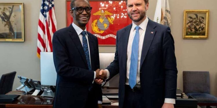 *NSA to President Tinubu, Nuhu Ribadu (l) in a warm handshake with US VP JD Vance (r).