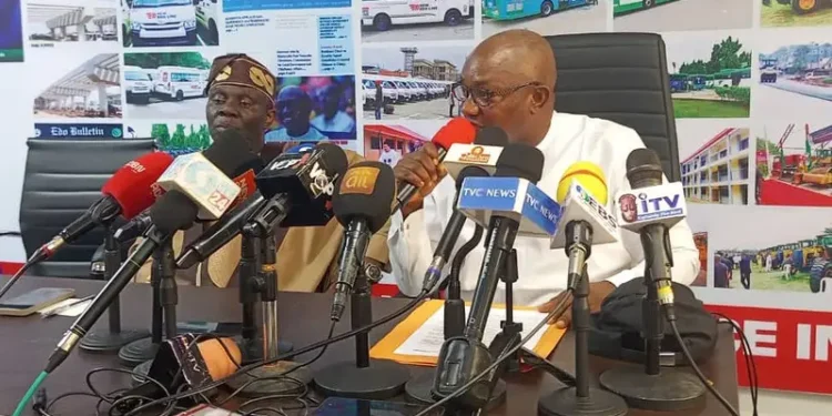 *Edo State Commissioner for Transportation, Saturday  Uwuilekhue (r) and the state information and strategy commissioner, Prince Kassim Afegbua (l) during the press briefing...in Benin City on Thursday, June 11, 2026.