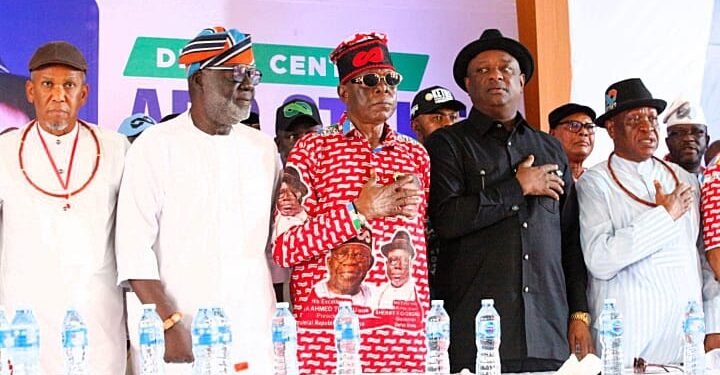 *L-R: Senator representing Delta Central in the National Assembly, Senator Ede Dafinone; Delta State All Progress Congress (APC) Chairman, Chief Solomon Arenyeka; Chairman, APC Delta Central, Chief Paulinus Akpeki; Minister of Aviation and Aerospace Development, Olorogun Festus Keyamo, SAN and APC chieftain, Olorogun O'tega Emerhor, during APC Delta Central stakeholders meeting held in Warri on Sunday. PIX: SAMUEL JIBUNOR.