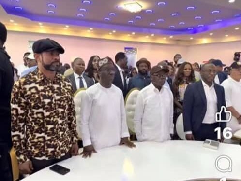 Governor Monday Okpebholo (standing 2nd left), Speaker, Edo State House of Assembly, Rt. Hon. Blessing Agbebaku (standing 1st left); former Governor of Edo State, Senator Adams Oshiomhole (Okpebholo's immediate left; and the Secretary to the Government (SSG), Mallam Umar Musa Ikhilor, and other dignitaries at the London event