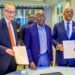 President Bola Tinubu (m), Gov Dapo Abiodun of Ogun (r), and official of DP World (l) after the MoU signing ceremony in Paris, France