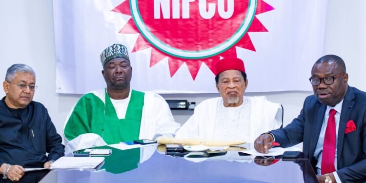 *Managing Director, NIPCO Gas Ltd, Nagendra Verma; Group Executive Director, NIPCO Plc, Alhaji Abdulkadir Aminu;  Chairman, Chief Bestman Anekwe; and Managing Partner P.C OBI & CO, Company Secretaries,NIPCO Group, Paul Chukwuma Obi, SAN during the announcement of the group Floating LNG project in Nigeria held at the company's Abuja office